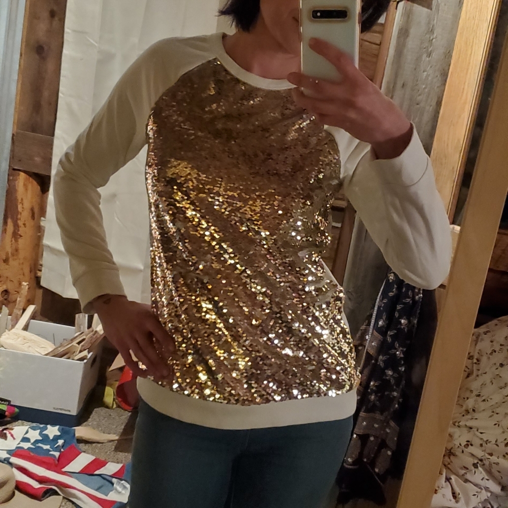 Gold sequin cream casual soft long sleeve top